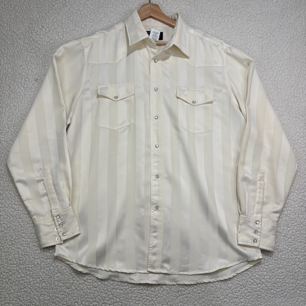 Wrangler Western Satin Pearl Snap Shirt Vertical Thick Stripe Rodeo RARE Large